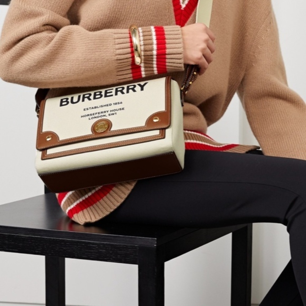 🔴SOLD🔴 BURBERRY-Canvas Horseferry Print Note Crossbody Bag Natural Tan - Picture 5 of 15